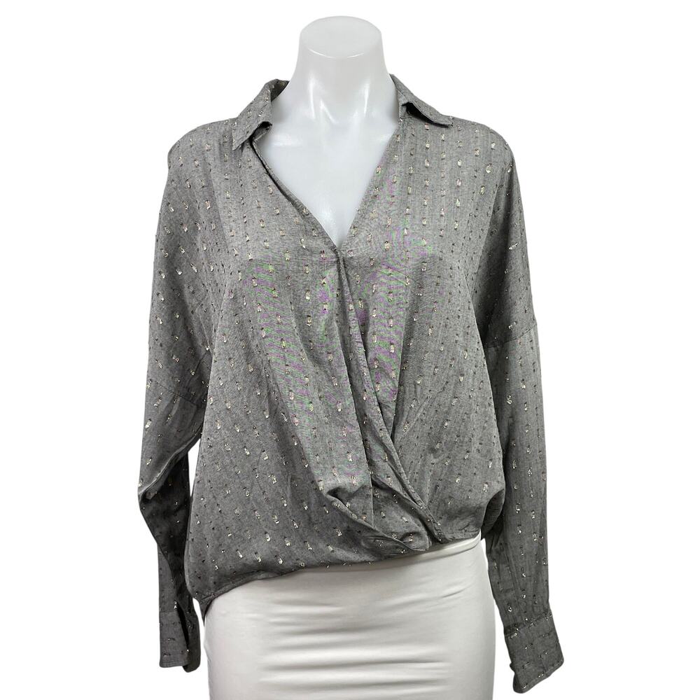 Lou & Grey Women's Gray Gold Long Sleeve V Neck Hi Low Blouse Shirt Top Size S